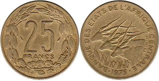 piece Central African States (CFA) 25 francs 1975