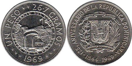 coin DOMINICANA UN PESO 26.7 GRAMOS 1969 BALUARTE DEL CONDE