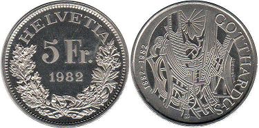 Münze Schweiz 5 franc 1982 Gotthardus
