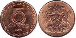 coin Trinidad and Tobago 5 cents 1972 10th Anniversary