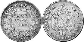 coin Bolivia 20 centavos 1872