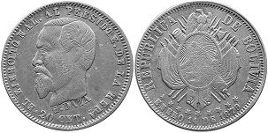 coin Bolivia 20 centavos 1879