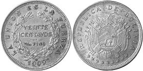 coin Bolivia 20 centavos 1909