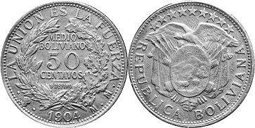 coin Bolivia 50 centavos 1904