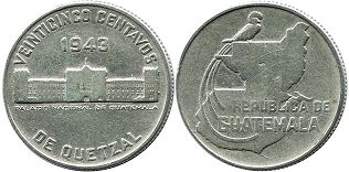 coin Guatemala 25 centavos 1943