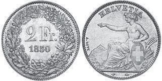 coin Switzerland 2 francs 1850