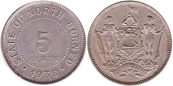 coin British North Borneo 5 cents 1938