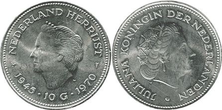 Münze Niederlande 10 Gulden 1970