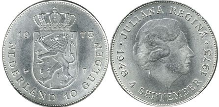 Münze Niederlande 10 Gulden 1973