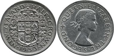 coin New Zealand 1/2 crown 1953