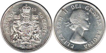canadian pièce de monnaie Elizabeth II 50 cents 1962 argent
