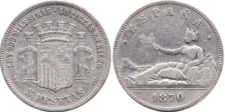 monnaie Espagne 5 pesetas 1870