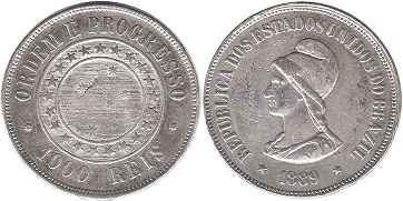 coin Brazil 1000 reis 1889