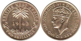 coin TWO SHILLINGS 1942 BRITHSH WEST AFRICA GEORGIVS VI