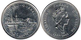 canadian commémorative pièce de monnaie 25 cents (quarter) 1992 Québec