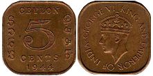 coin Ceylon 5 cents 1944