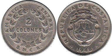coin Costa Rica 2 colones 1948