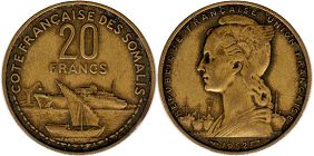 piece French Somalilet 20 francs 1952 COTE FRANCAISE DES SOMALIS