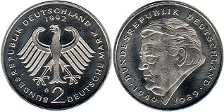 coin Germany BDR 2 mark 1992 Strauss