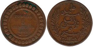 piece Tunisia 5 centimes 1891