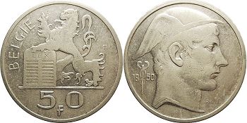 pièce Belgique 50 francs 1950