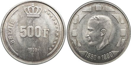 pièce Belgique 500 francs 1990