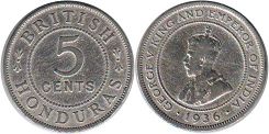 coin British Honduras 5 cents 1936