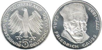 monnaie Allemagne BRD 5 mark 1977 Gauss