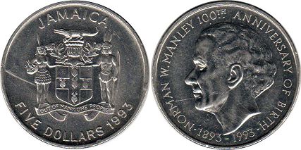 coin Jamaica 5 dollars 1993
