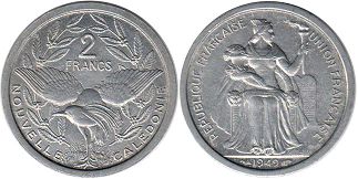 coin New Caledonia 2 francs 1949