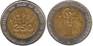 coin West African States 250 francs 1992