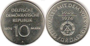 monnaie East Allemagne 10 mark 1974