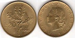 moneta Italy 20 lire 1991