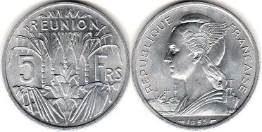 piece Reunion 5 francs 1955