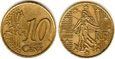 mynt Frankrike 10 euro cent 1999