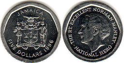 coin Jamaica 5 dollars 1996