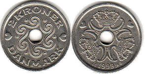 mynt Danmark 2 krone 1999