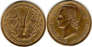 coin French West Africa 25 francs 1956