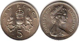 monnaie UK 5 nouveaux pence 1977