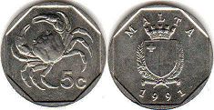 coin Malta 5 cents 1991