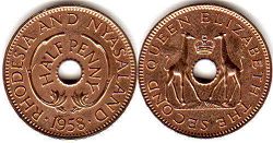 coin Rhodesia and Nyasaland half penny 1958