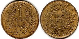 coin Tunisia 1 franc 1945