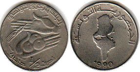 piece Tunisia 1/2 dinar 1990