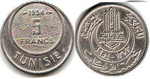 piece Tunisia 5 francs 1954