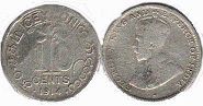 coin Ceylon 10 cents 1914