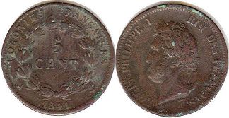 piece Colonies de France 5 centimes 1841