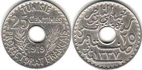 coin Tunisia 25 centimes 1919