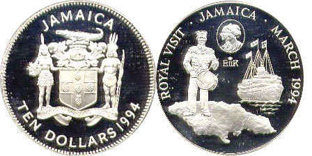 coin Jamaica 10 dollars 1994