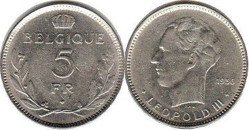 pièce Belgique 5 francs 1936