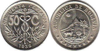 coin Bolivia 50 centavos 1939